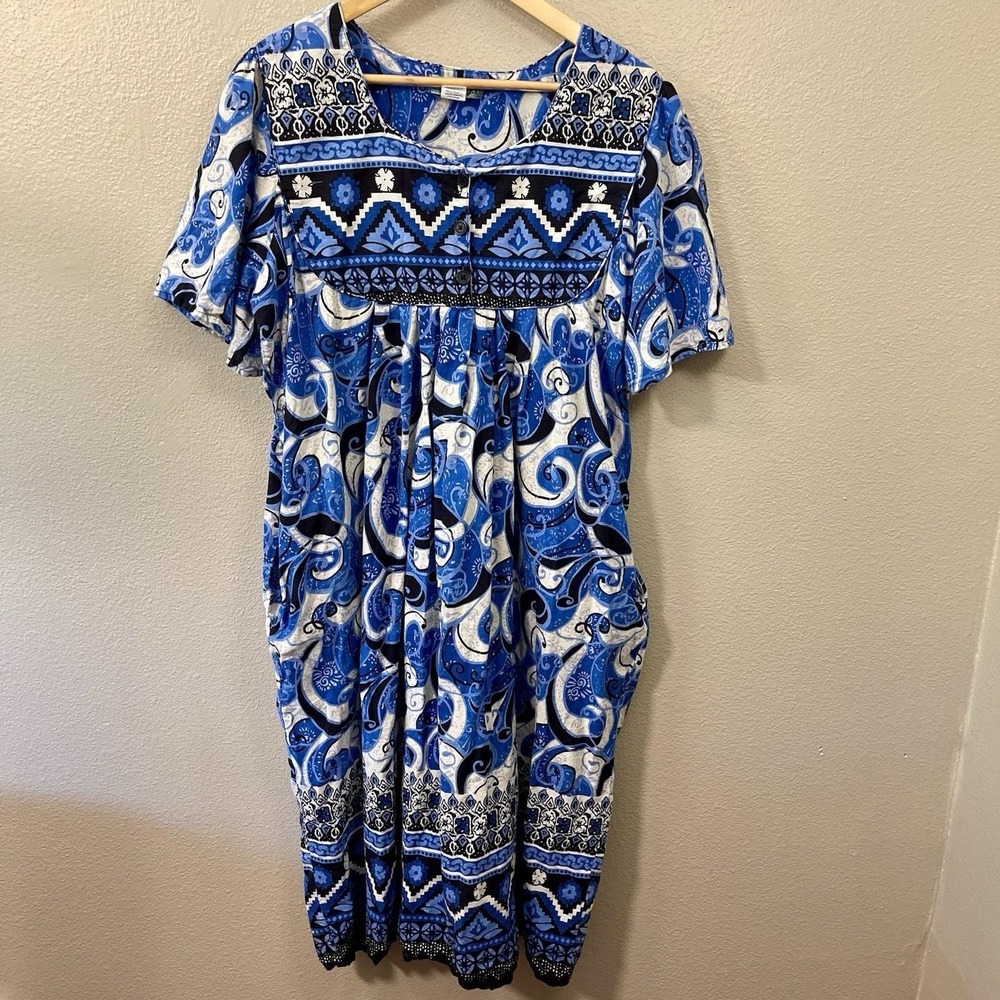 VTG Sara Morgan Mumu House Dress Blue Floral Aztec Cotton Greek Isle L-XL / XX